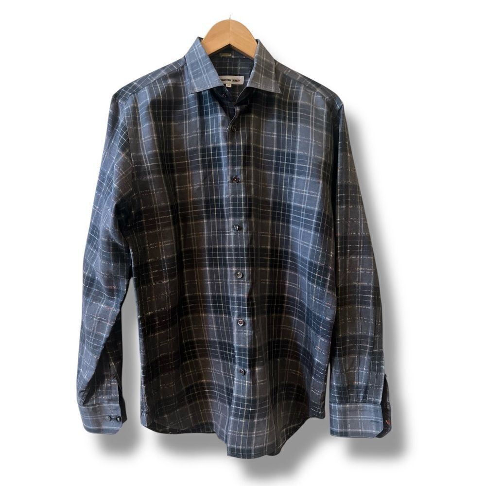 International Laundry Plaid Button Down‎ Shirt Sz Medium Gray Non-Iron Relaxed
